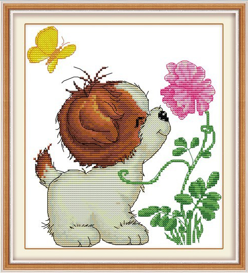 dog-1040 *พร้อมส่ง* ชุดปักครอสติช ลายน้องหมากับดอกไม้ ขนาด 30*33 ซม.ผ้าครอสติช 11CTพิมพ์ลายปักบนผ้า ไหมคอตตอน 25 สี ผังลาย เข็ม