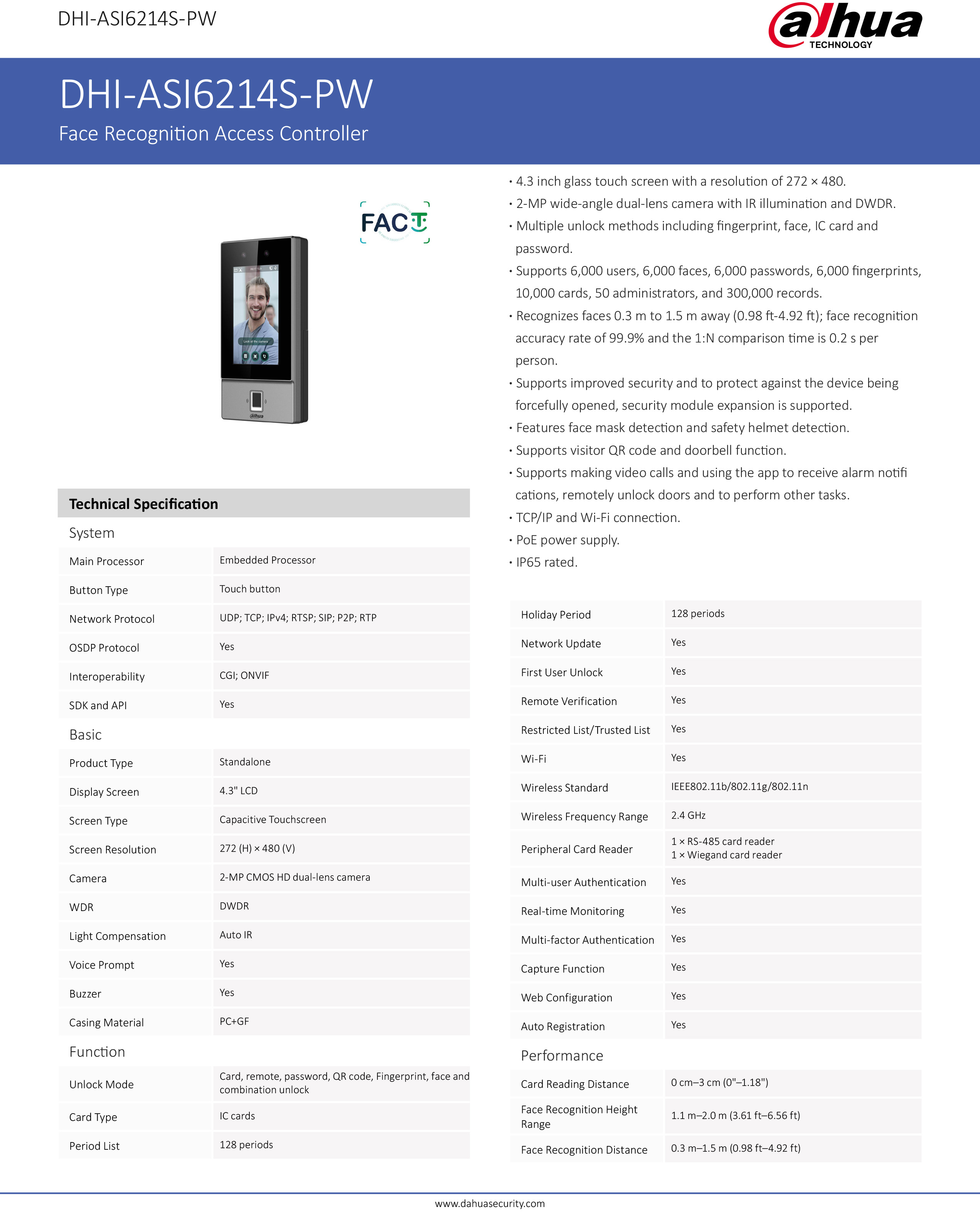 DAHUA ASI6214S-PW : 4.3 inch glass touch screen Face Recognition Access Controller Supports 6,000 users, 6,000 faces, 6,000 passwords, 6,000 fingerprints, 10,000 cards, 50 administrators, and 300,000 records BY BILLIONAIRE SECURETECH ASI6214S-PW