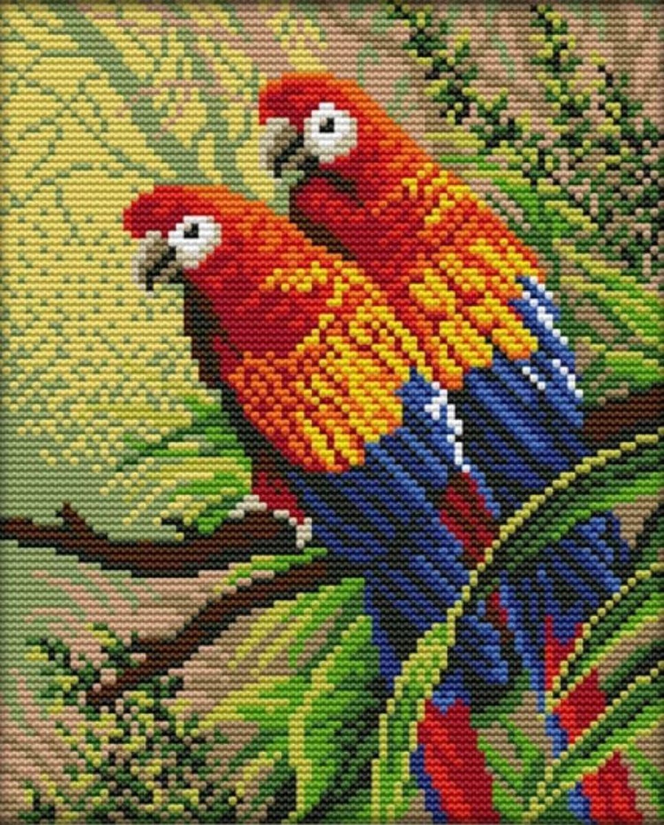 parrot-1001 *พร้อมส่ง* ชุดปักครอสติช ลายคู่นกแก้ว (ปักเต็มผืนผ้า ไม่มีเดินเส้น ผ้า11CTพิมพ์ลาย ปัก 3 เส้นเล็ก) ขนาด 27*35 ซม.ผ้าครอสติช 11CTพิมพ์ลายปักเต็มลายผ้า+ไหมคอตตอน 18 สี+ผังลาย+เข็ม