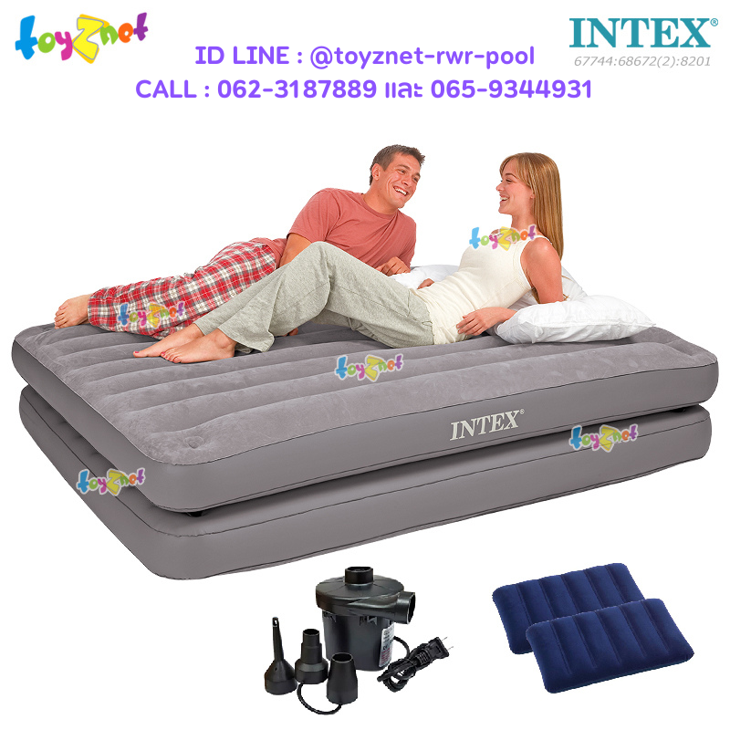 Intex 2-In-1 Airbed 5ft (Queen) 1.52x2.03x0.46 m Grey no.67744 + 2 Pillows & Elec. Air Pump
