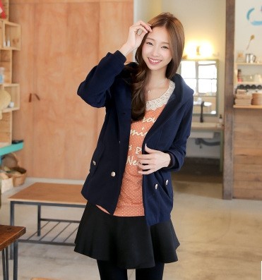 (พร้อมส่ง)โค้ทสั้น ผ้า Nylon กระดุมหน้า 2 แถว มี Hood มีกระเป๋าข้าง สีกรมท่า (L)