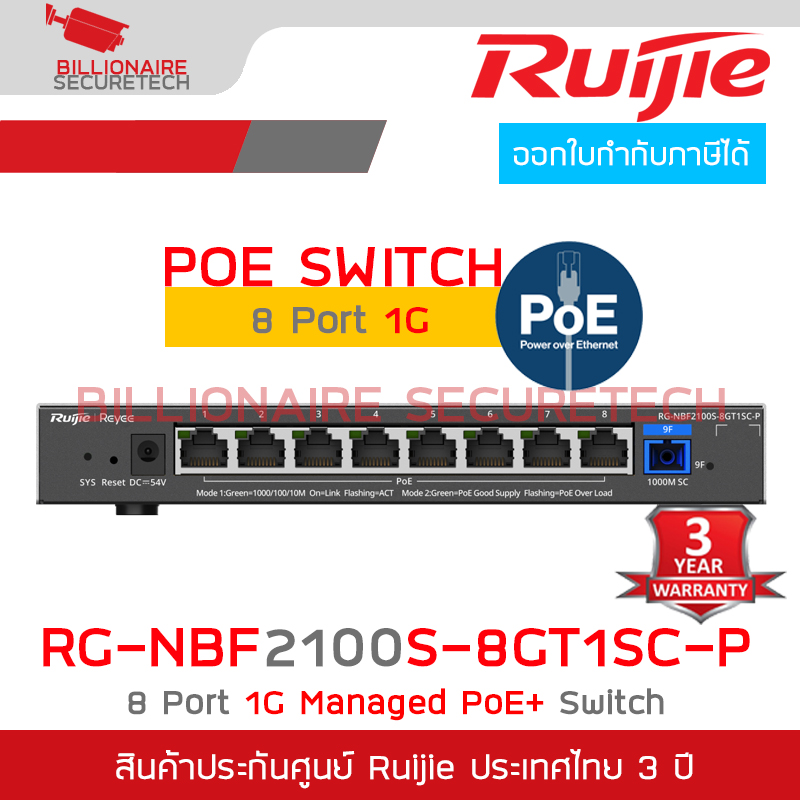 RUIJIE RG-NBF2100S-8GT1SC-P / 1G Cloud Manage PoE+ SWITCH Layer 2, 8 Port 1G PoE+, 1 Port 1G SC, 120 W BY BILLIONAIRE SECURETECH RG-NBF2100S-8GT1SC-P