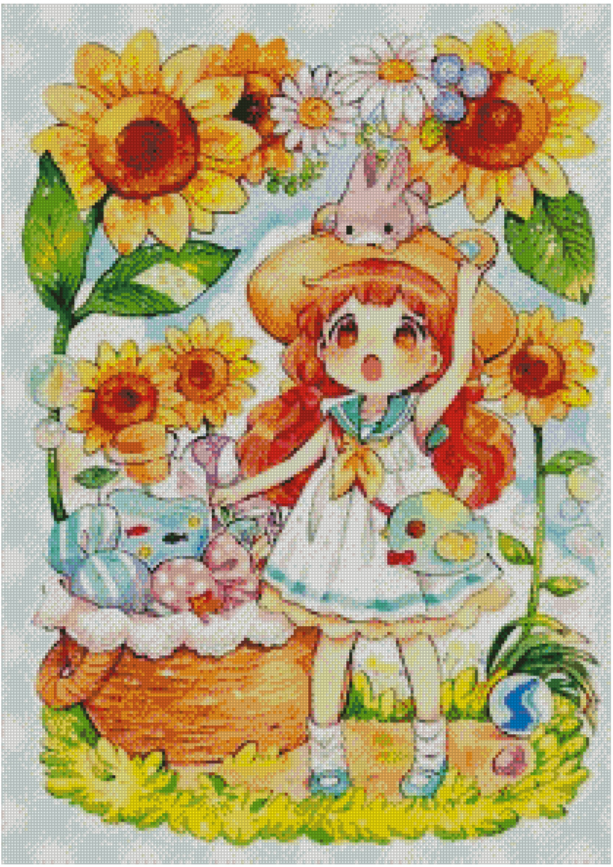 girl-1123 *สินค้าหมด* ชุดปักครอสติช ลายสาวน้อยทานตะวัน (ปักเต็มผืนผ้า ไม่มีเดินเส้น ผ้า11CTพิมพ์ลาย มีประกาย ปัก 3 เส้นเล็ก) ขนาด 54*70 ซม.ผ้าครอสติช 11CTพิมพ์ลายปักบนผ้า ไหมคอตตอน 31 สี ผังลาย เข็ม