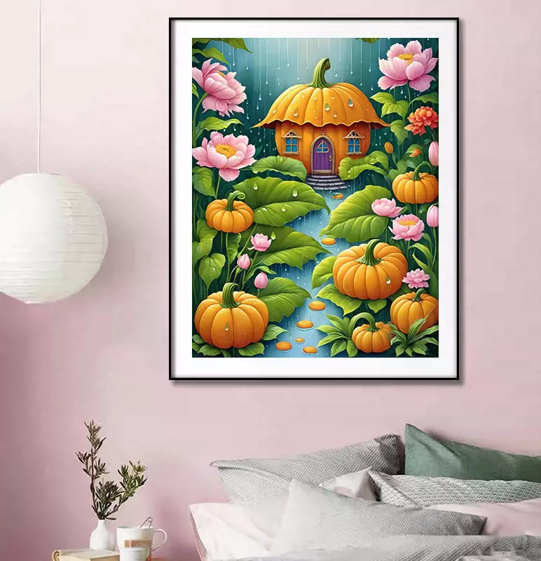 home-1023 *สินค้าหมด* ชุดปักครอสติช ลายบ้านฟักทอง (ปักเต็มผืนผ้า ไม่มีเดินเส้น ผ้า9CTพิมพ์ลาย ปัก 4 เส้นเล็ก) ขนาด 65*85 ซม.ผ้าครอสติช 9CTพิมพ์ลายปักบนผ้า ไหมคอตตอน 45 สี ผังลาย เข็ม