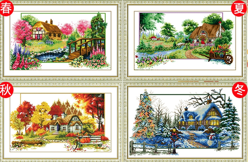 home-1198 *สินค้าหมด* ชุดปักครอสติช ลายเซต 4 ชิ้น บ้านสวย 4 ฤดู (ผ้า11CTพิมพ์ลาย ปัก 3 เส้นเล็ก) ขนาดภาพละ 71*47 ซม.ผ้าครอสติช 11CTพิมพ์ลายปักบนผ้า+ไหมคอตตอน 210 สี+ผังลาย+เข็ม