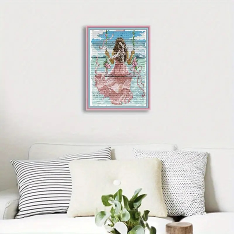 lady-1127 *สินค้าหมด* ชุดปักครอสติช ลายชิงช้าริมทะเล (ผ้า14CTพิมพ์ลาย ปัก 2 เส้นเล็ก) ขนาด 27*34 ซม.ผ้าครอสติช 14CTพิมพ์ลายปักบนผ้า ไหมคอตตอน 41 สี ผังลาย เข็ม