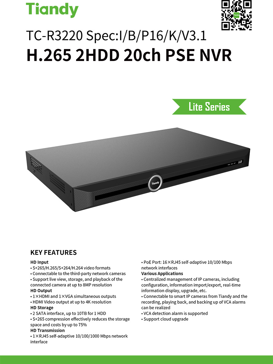 TIANDY TC-R3220 SPEC:I/B/P16/K/V3.1 NVR 20CH / 16POE H.265 2SATA BY BILLIONAIRE SECURETECH TC-R3220 SPEC:I/B/P16/K/V3.1