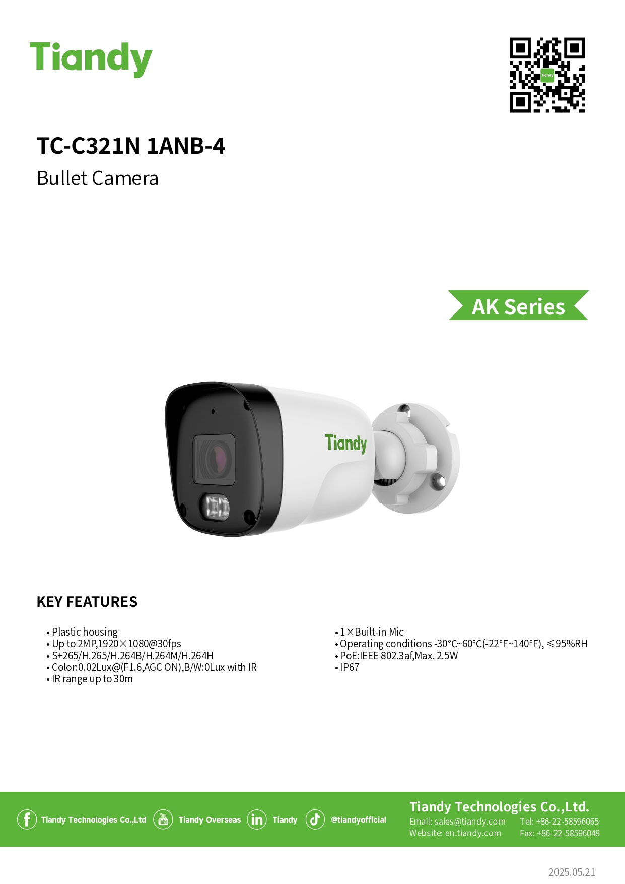 TIANDY TC-C321N 1ANB-4 (4MM.) กล้องวงจรปิด IP Camera 2MP IR range up to 30M., มีไมค์ในตัว BY BILLIONDAIRE SECURETECH TIANDY TC-C321N 1ANB-4 (4MM.)
