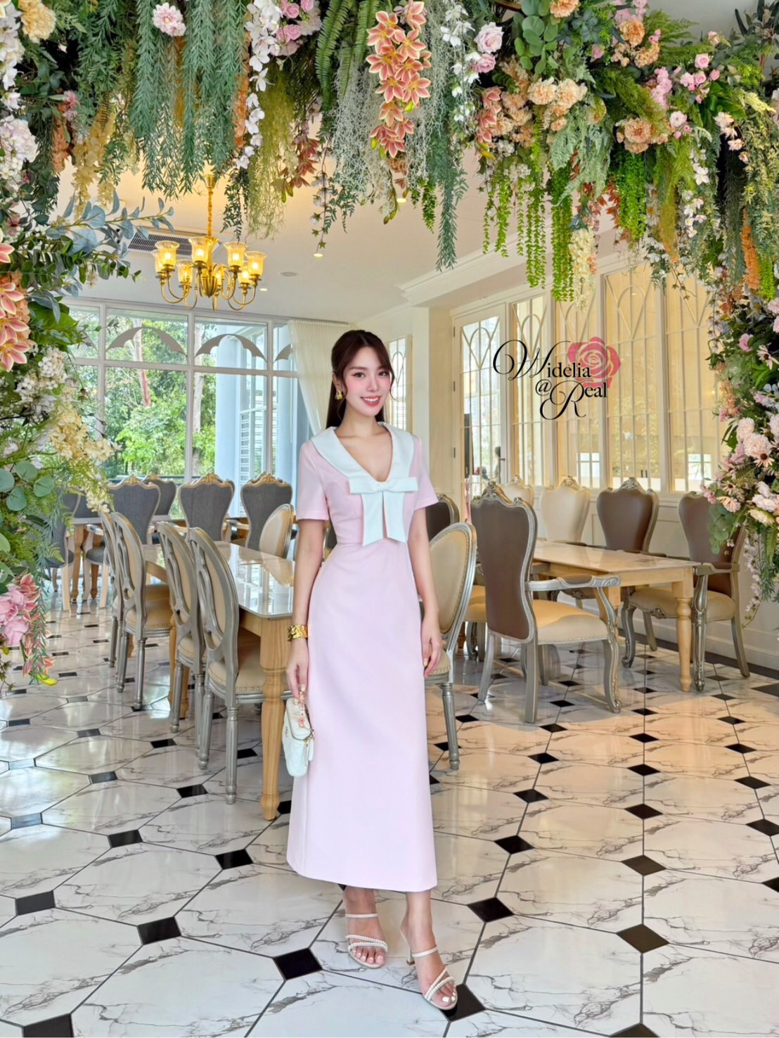 Korea Dress เดรสตัวยาว ทรงสอบ แขนสั้น อกโบว์ขาว