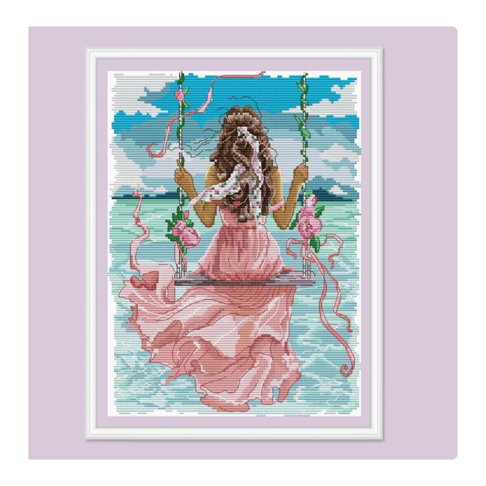 lady-1127 *สินค้าหมด* ชุดปักครอสติช ลายชิงช้าริมทะเล (ผ้า14CTพิมพ์ลาย ปัก 2 เส้นเล็ก) ขนาด 27*34 ซม.ผ้าครอสติช 14CTพิมพ์ลายปักบนผ้า ไหมคอตตอน 41 สี ผังลาย เข็ม