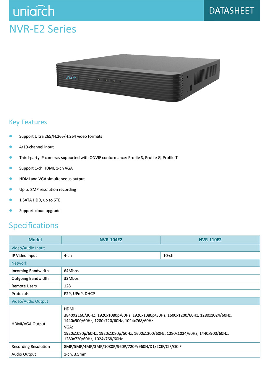 UNIARCH NVR-110E2 NVR 10CH, H.265, 1SATA, Up to 8MP Camera BY BILLIONAIRE SECURETECH NVR-110E2