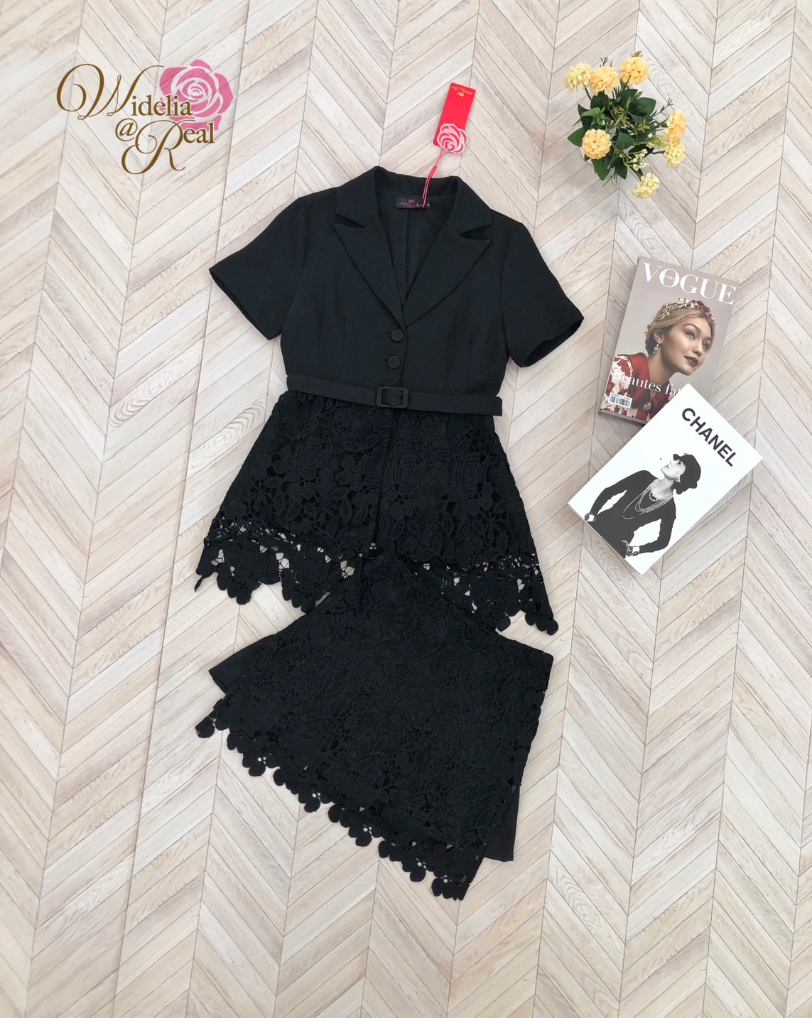 Korea Set 3ชิ้น เสื้อเบเซอร์ตัวยาว+กระโปรงสั้น+เข็มขัด 1 เส้น (ดำ)