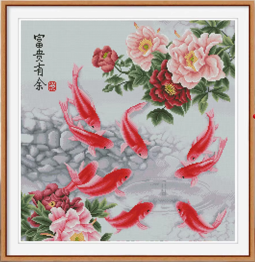 pla-1140 *สินค้าหมด* ชุดปักครอสติช ลายปลาคาร์ปคู่โบตั๋น (ปักเต็มผืนผ้า ไม่มีเดินเส้น ผ้า9CTพิมพ์ลาย ปัก 4 เส้นเล็ก) ขนาด 75*75 ซม.ผ้าครอสติช 9CTพิมพ์ลายปักบนผ้า ไหมคอตตอน 41 สี ผังลาย เข็ม