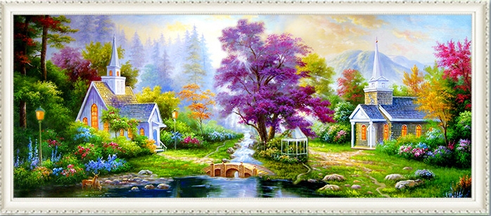 home-2072 *สินค้าหมด* ชุดภาพติดคริสตัลกลม ลายวิลล่ากลางป่าใหญ่ (งานติดเต็มภาพ) ขนาด 100*40 ซม.ผ้าแคนวาสลงผังลายเต็ม คริสตัลกลม 43 สี อุปกรณ์ครบชุด