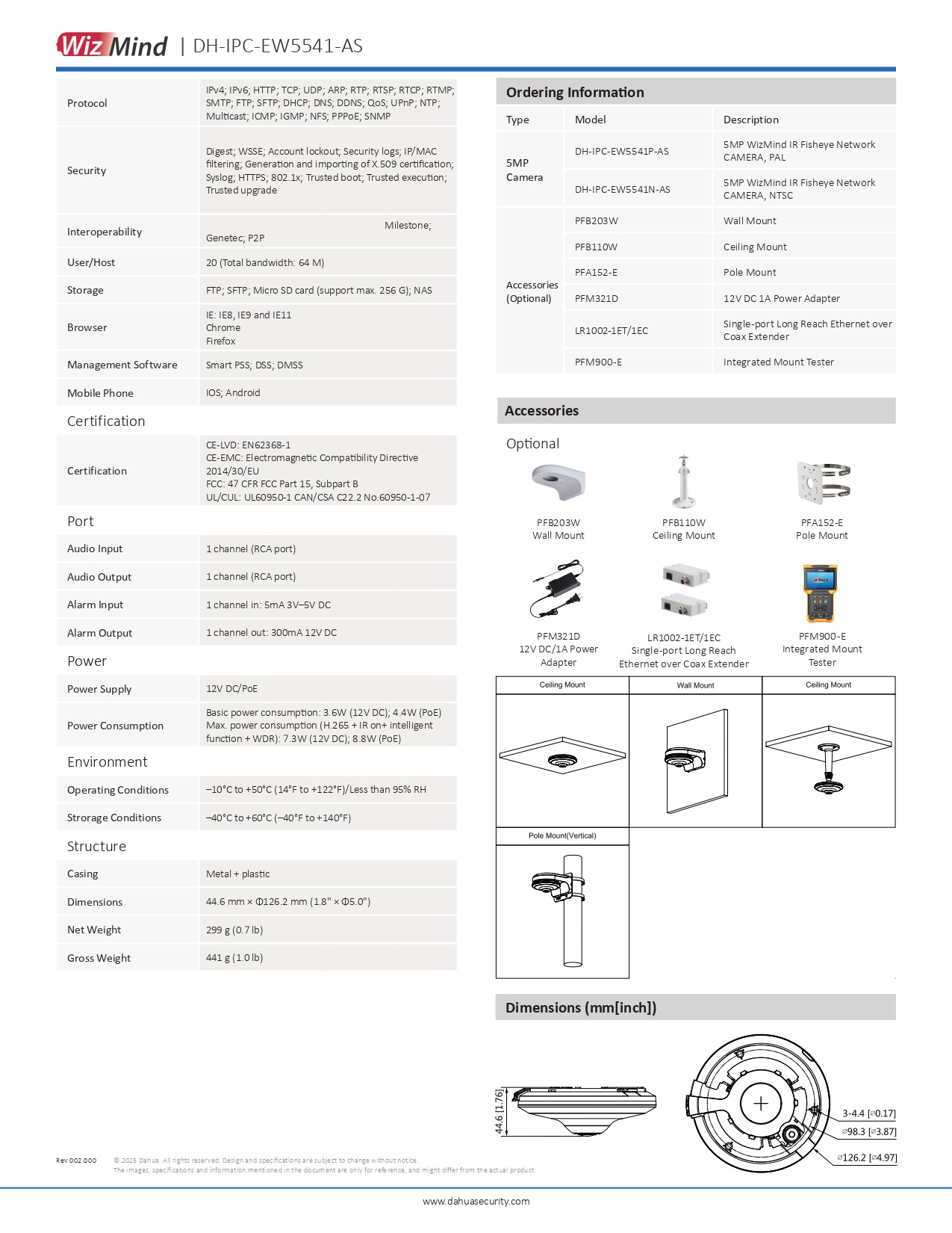 DAHUA IPC-EW5541P-AS กล้องวงจรปิด Fisheye IP Camera 5MP WizMind มีไมค์ในตัว BY BILLIONAIRE SECURETECH DAHUA IPC-EW5541P-AS