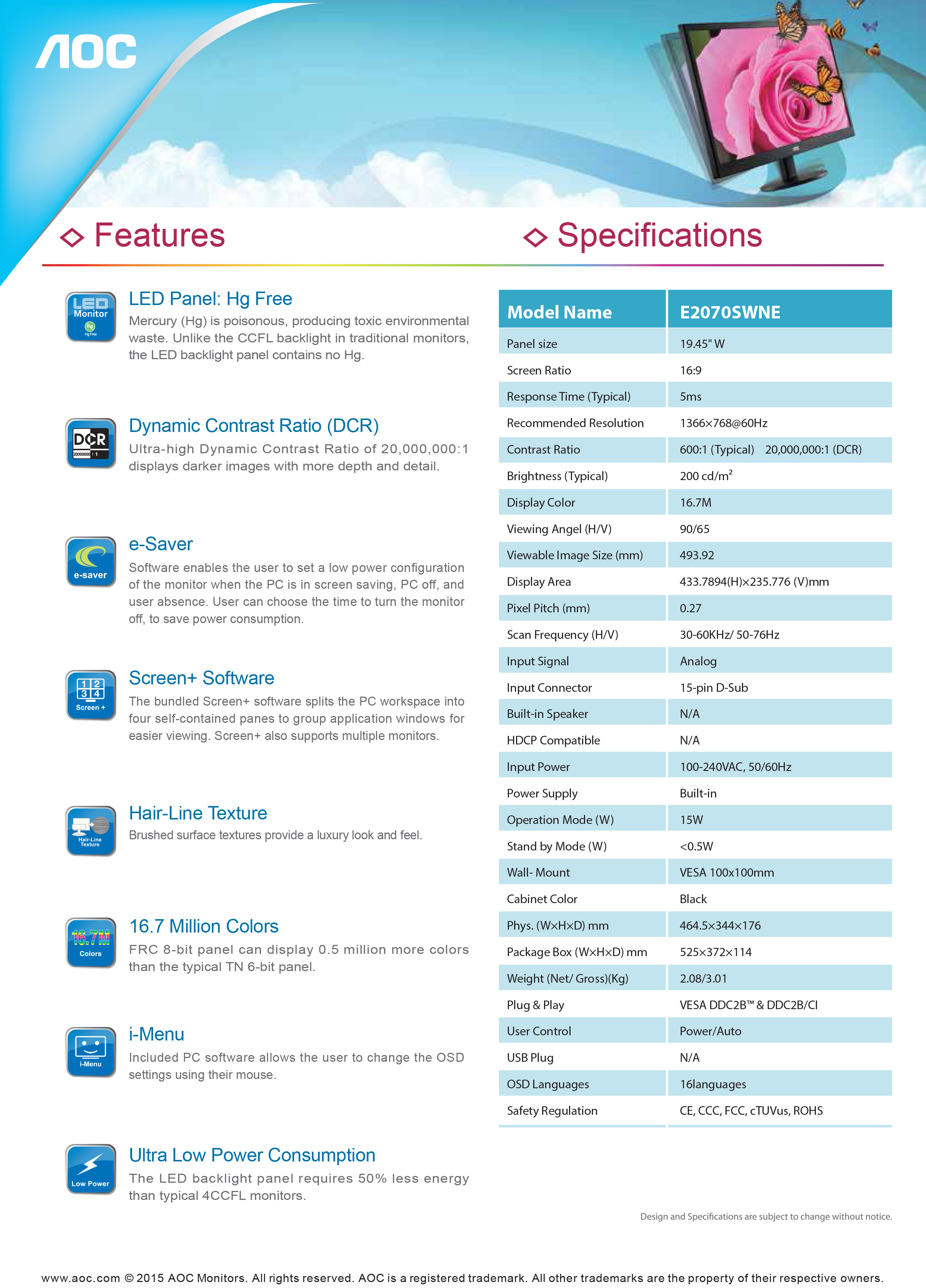 AOC E2070SWNE : LED MONITOR ขนาด 19.5 นิ้ว เชื่อมต่อด้วย VGA port เท่านั้น BY BILLIONAIRE SECURETECH E2070SWNE