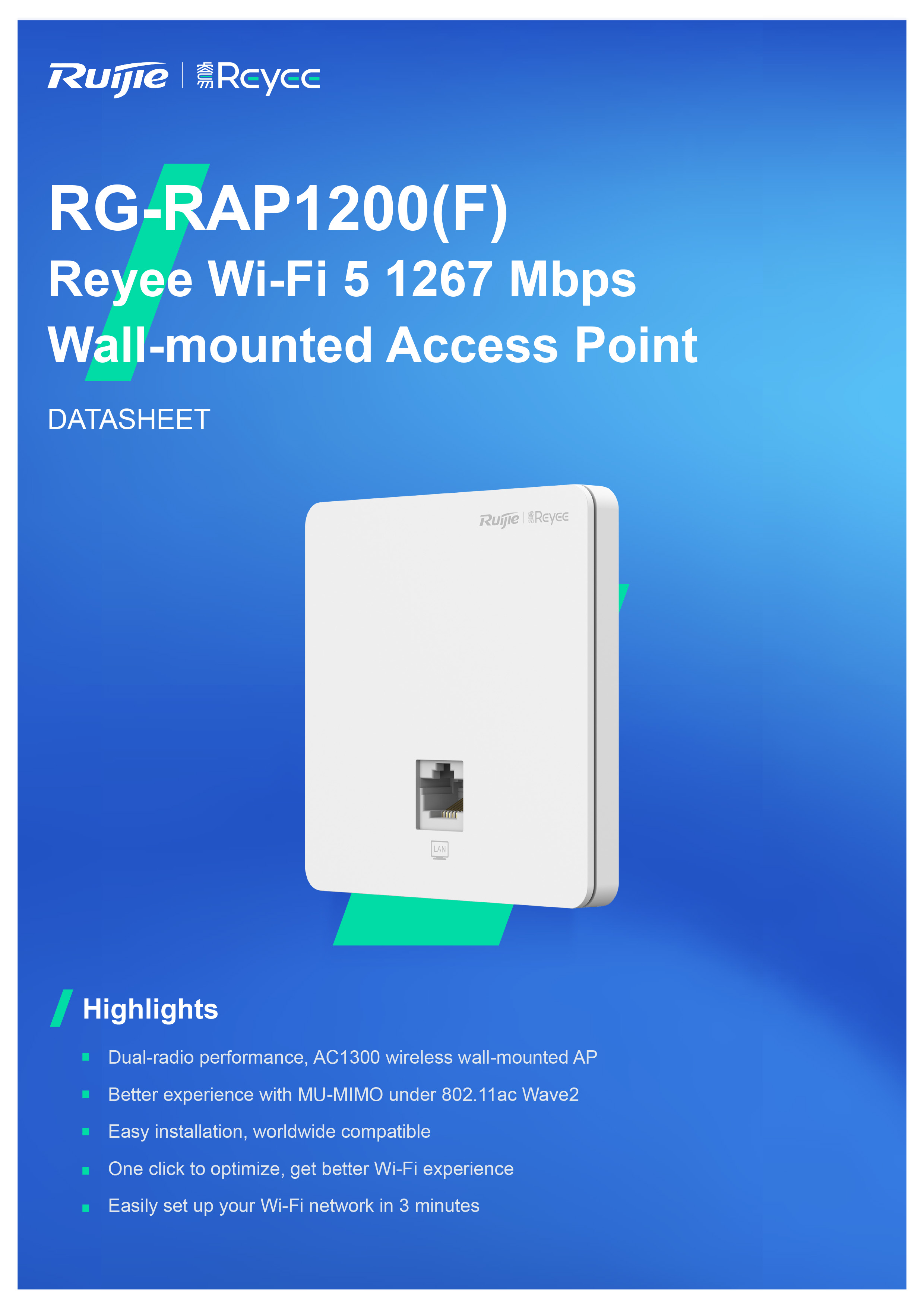 RUIJIE RG-RAP1200(F) : Wi-Fi 5 1267Mbps Wall-mounted Access Point BY BILLIONAIRE SECURETECH RG-RAP1200(F)