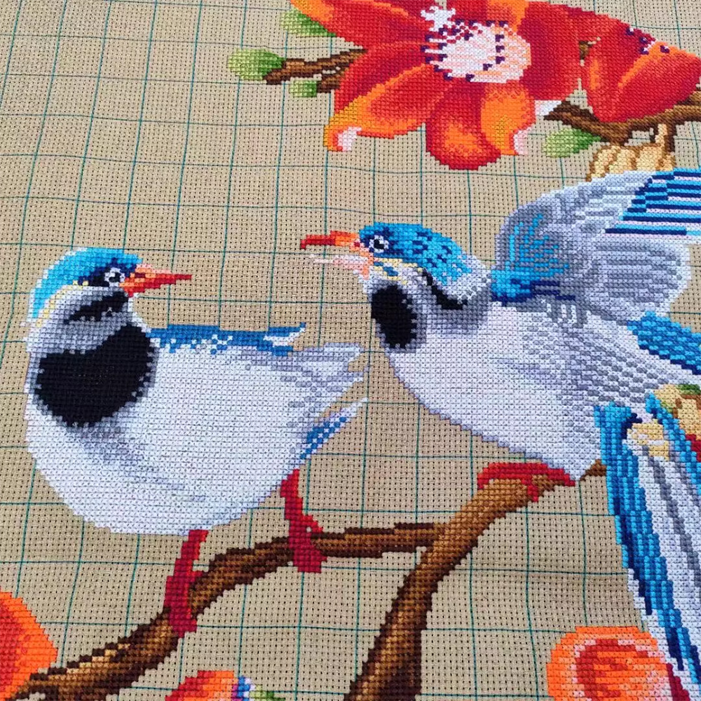 bird-1116 *สินค้าหมด* ชุดปักครอสติช ลายนกคู่เกาะช่อแมกโนเลีย (ไม่มีเดินเส้น ผ้า11CTพิมพ์ลาย สีน้ำตาล ปัก 3 เส้นเล็ก) ขนาด 49*49 ซม.ผ้าครอสติช 11CTสีน้ำตาล ไหมคอตตอน 34 สี ผังลาย เข็ม