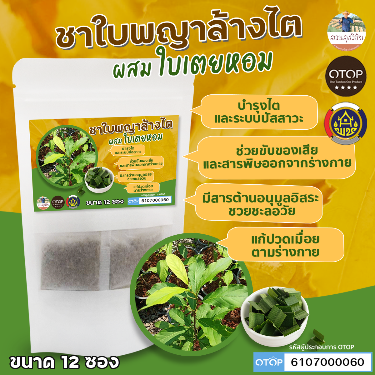 ชาพญาล้างไต ชาข่อยดำ ผสมเตยหอม ดื่มง่าย ปลูกธรรมชาติไร้สารเคมี สินค้าดี OTOP ขนาด 12 ซองชา พร้อมส่ง