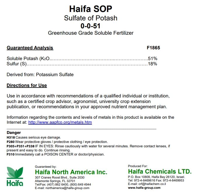 K2SO4 Potassium Sulphate SOP ปุ๋ยเกล็ด Haifa SOP (0-0-51+18S) ปุ๋ยหวาน โปตัสเซียมซัลเฟต ไฮฟ่า บรรจุ 25 กิโลกรัม
