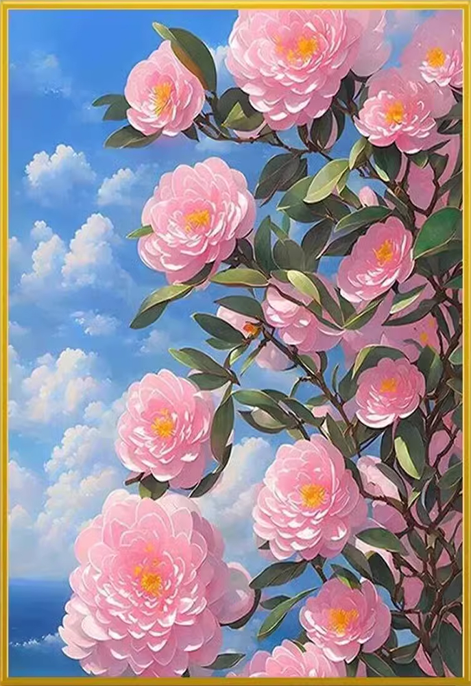 bloom-1100 *สินค้าหมด* ชุดปักครอสติช ลายช่อคามิเลีย (ปักเต็มผืนผ้า ไม่มีเดินเส้น ผ้า 9CTพิมพ์ลาย มีประกาย ปัก 4 เส้นเล็ก) ขนาด 60*90 ซม.ผ้าครอสติช 9CTพิมพ์ลายปักบนผ้า ไหมคอตตอน 35 สี ผังลาย เข็ม