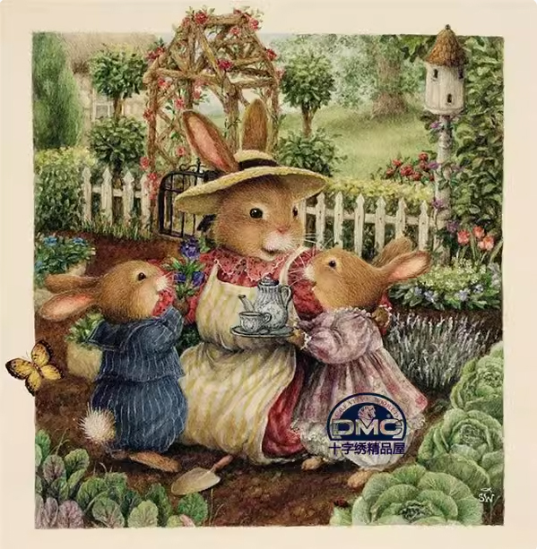 rabbit-1017 *สินค้าหมด* ชุดปักครอสติช ลายครอบครัวกระต่าย (ปักเต็มผืนผ้า ไม่มีเดินเส้น ผ้า11CT พิมพ์ลาย ปัก 3 เส้นเล็ก) ขนาด 59*63 ซม.ผ้าครอสติช 11CTพิมพ์ลายปักบนผ้า ไหมคอตตอน 58 สี ผังลาย เข็ม