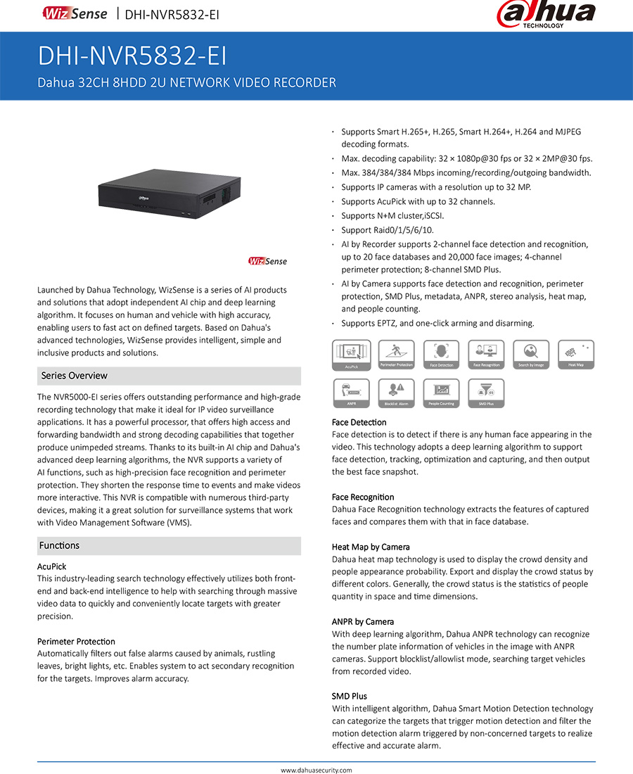 DAHUA NVR5832-EI NVR 32CH Port 8HDD 2U AcuPick WizSense BY BILLIONAIRE SECURETECH NVR5832-EI