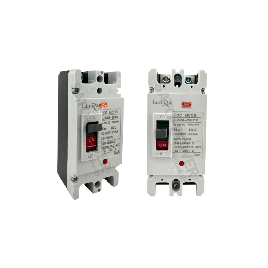 Lumira เบรกเกอร์ 2P DC MCCB | เบรกเกอร์ขนาด 100A 125A 200A 250A | MCCB รุ่น LWM 500V ICU. 20KA Safety Breaker Battery Ue 550VDC