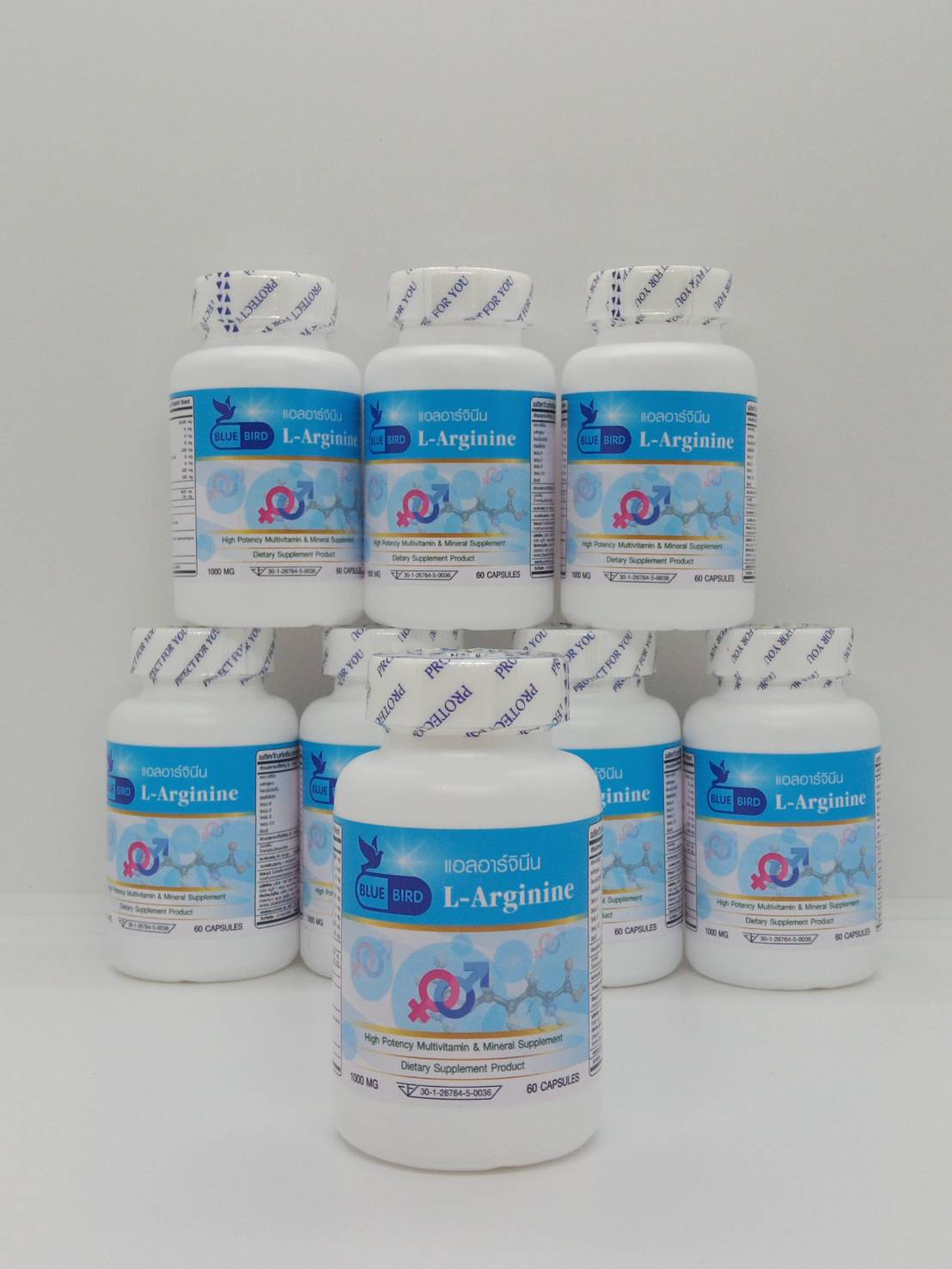 แอลอาร์จินีน L-Arginine ตรา บลูเบิร์ด ขนาด 1000 มิลลิกรัม 60 แคปซูล