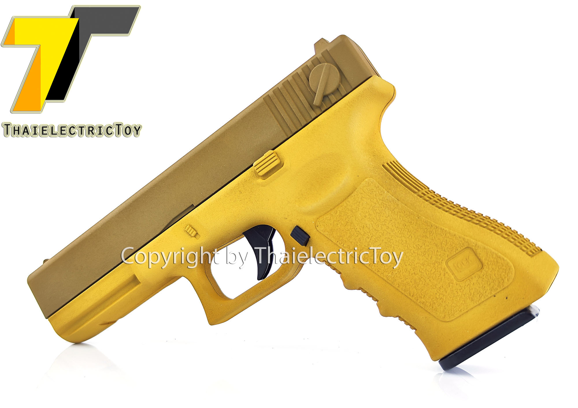 ปืนอัดลมเหล็ก Glock 17 สีทูโทน ชักยิงทีล่ะนัด ลำกล้องยาว 7 นิ้ว หนัก 668 กรัม ใช้ลูกกระสุนพลาสติก 6 มิล