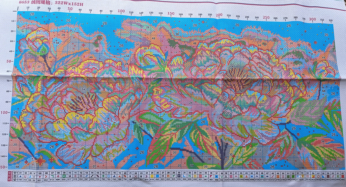 botan-1103 *สินค้าหมด* ชุดปักครอสติช ลายช่อโบตั๋น (ปักเต็มผืนผ้า ไม่มีเดินเส้น ผ้า9CTพิมพ์ลาย ปัก 4 เส้นเล็ก) ขนาด 103*55 ซม.ผ้าครอสติช 9CTพิมพ์ลายปักบนผ้า ไหมคอตตอน 62 สี ผังลาย เข็ม