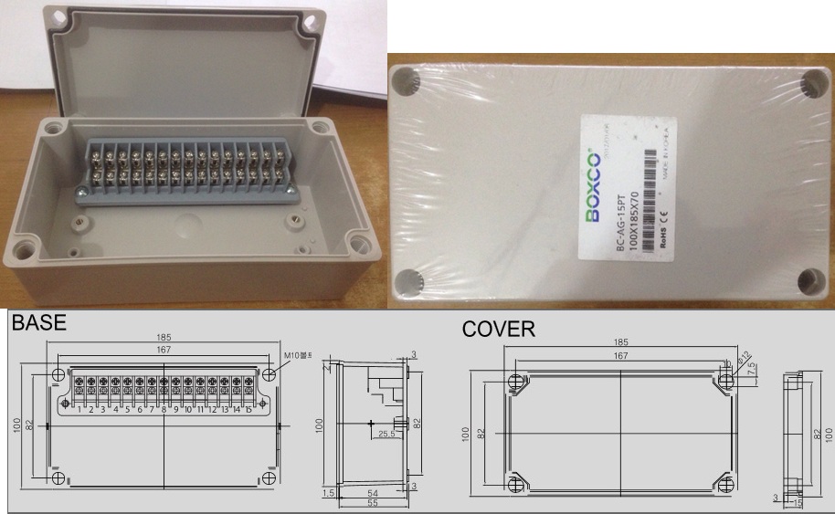 BOXCO Terminal Block Box IP66 (กล่องพลาสติก พร้อมเทอร์มินอลบล็อก) รุ่น BC-AG-15PT ขนาด 100x185x70 มม.