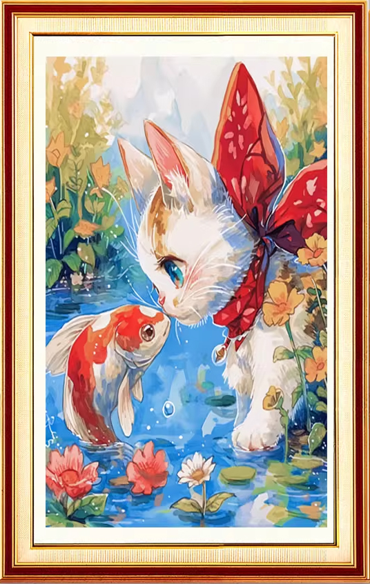 cat-1024 *พร้อมส่ง* ชุดปักครอสติช ลายน้องแมวกับน้องปลา (ปักเต็มผืนผ้า ไม่มีเดินเส้น ผ้า11CTพิมพ์ลาย ปัก 3 เส้นเล็ก) ขนาด 50*65 ซม.ผ้าครอสติช 11CTพิมพ์ลายปักบนผ้า ไหมคอตตอน 54 สี ผังลาย เข็ม