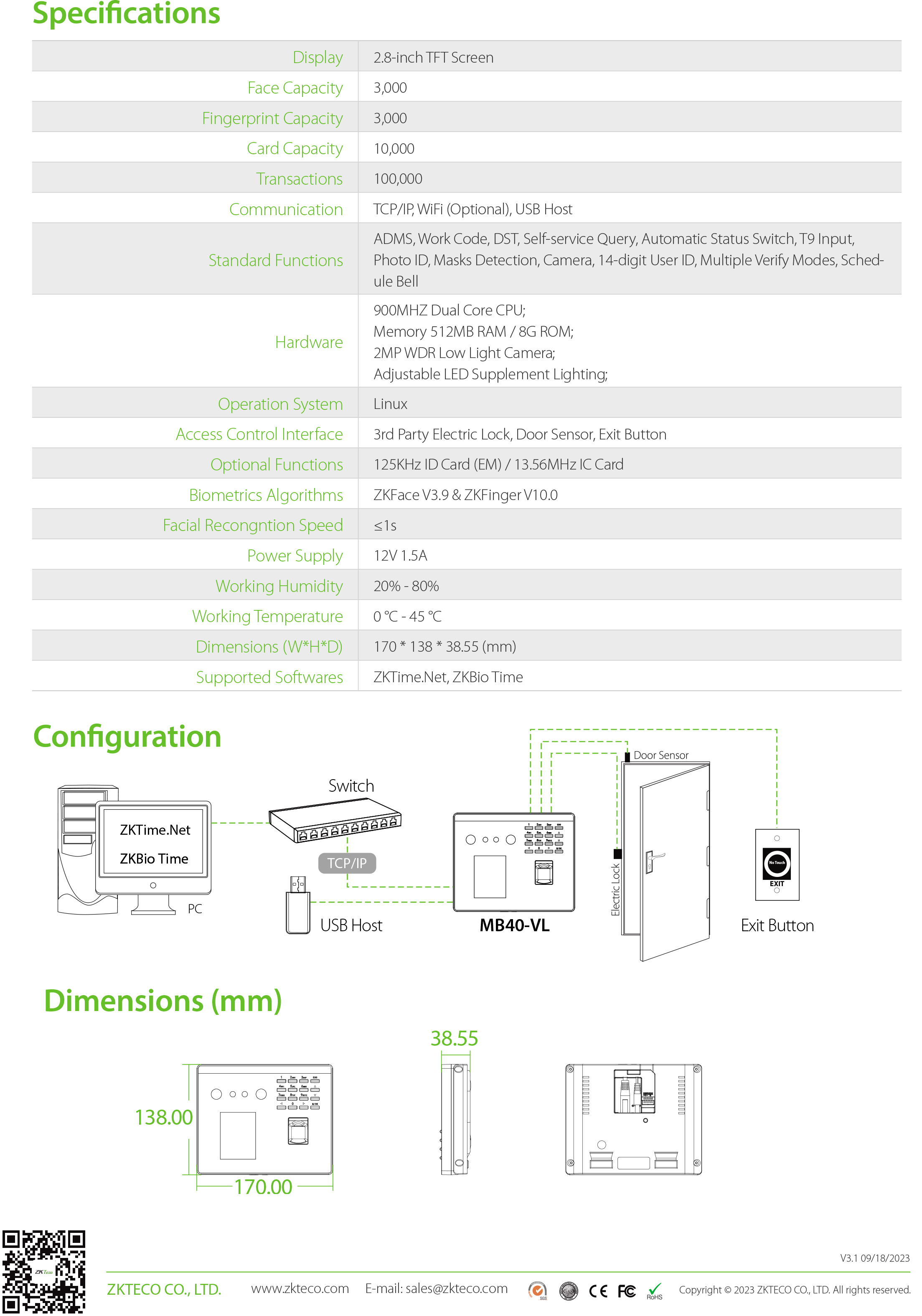 ZKTECO MB40-VL Time Attendance เครื่องสแกนลายนิ้วมือ รองรับ 3,000 ลายนิ้วมือ / 3,000 ใบหน้า / 10,000 บัตร ควบคุมประตูเปิด-ปิด BY BILLIONAIRE SECURETECH MB40-VL