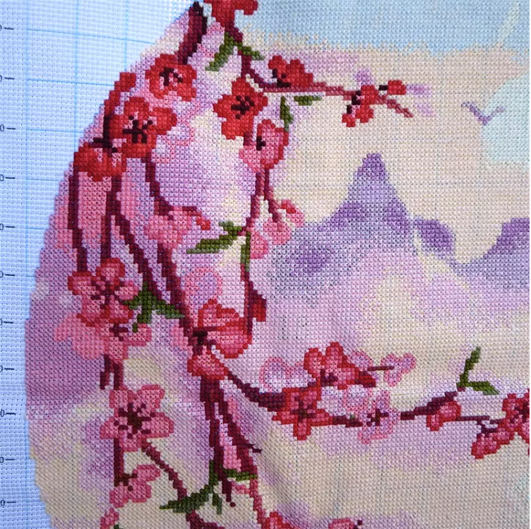 view-1113 *สินค้าหมด* ชุดปักครอสติช ลายวิวซากุระ (ปักเต็มผืนผ้า ไม่มีเดินเส้น ผ้า11CTพิมพ์ลาย มีประกาย ปัก 3 เส้นเล็ก) ขนาด 50*50 ซม.ผ้าครอสติช 11CTพิมพ์ลายปักบนผ้า ไหมคอตตอน 22 สี ผังลาย เข็ม