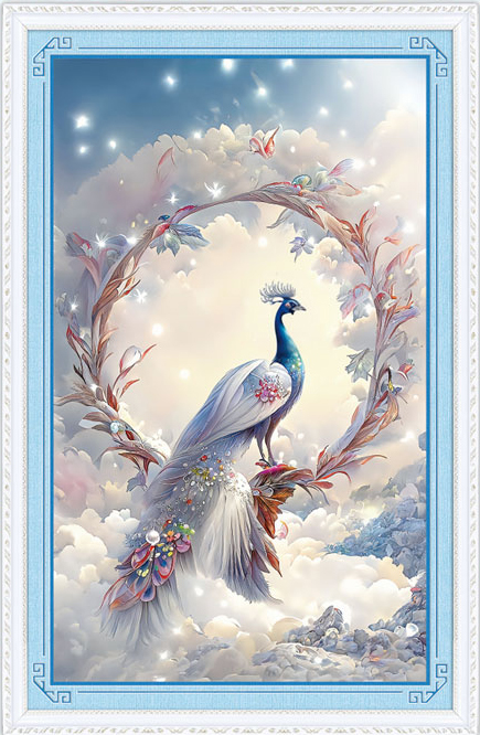 peacock-1157 *สินค้าหมด* ชุดปักครอสติช ลายนกยูงขาวในม่านเมฆ (งานปักเต็มลาย ไม่มีเดินเส้น) ขนาด 50*80 ซม.ผ้าครอสติช 11CTพิมพ์ลายปักบนผ้า ไหมคอตตอน 39 สี ผังลาย เข็ม
