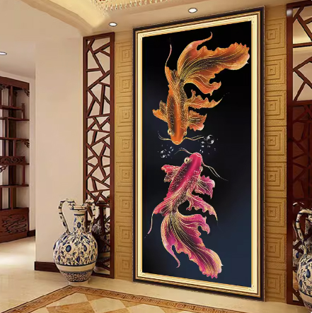 pla-1138 *สินค้าหมด* ชุดปักครอสติช ลายคู่ปลาทองแดงส้ม (ปักเต็มผืนผ้า ไม่มีเดินเส้น ผ้า11CTพิมพ์ลาย ปัก 3 เส้นเล็ก) ขนาด 50*90 ซม.ผ้าครอสติช 11CTพิมพ์ลายปักบนผ้า ไหมคอตตอน 27 สี ผังลาย เข็ม