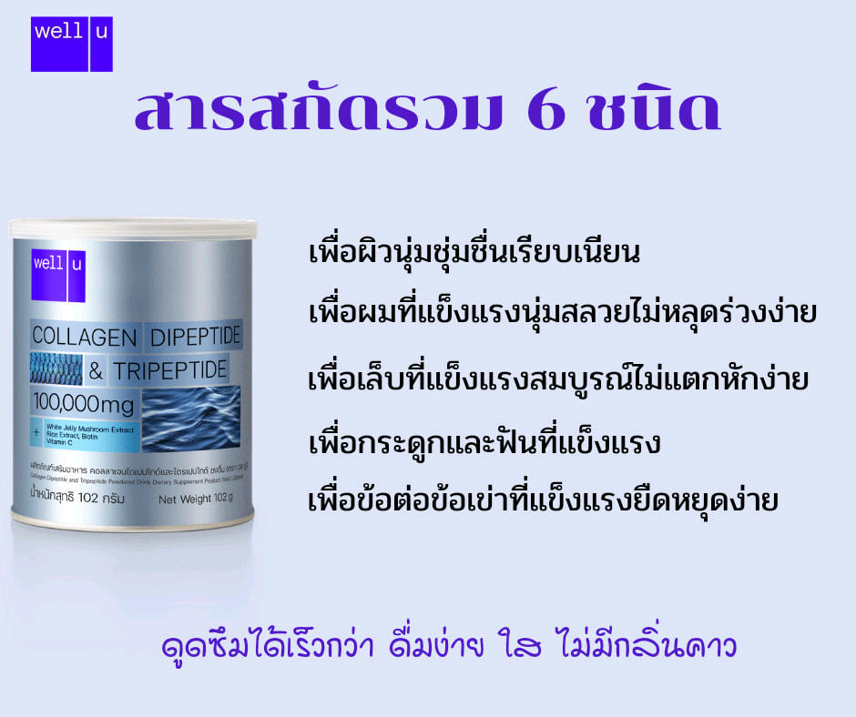 Well U Collagen Dipeptide & Tripeptide 100,000 mg. เวลยูคอลลาเจน 1 แสน มิลลิกรัม ผิวใส ไร้ริ้วรอย แลดูอ่อนกว่าวัย (เก็บเงินปลายทาง+ส่งฟรี)