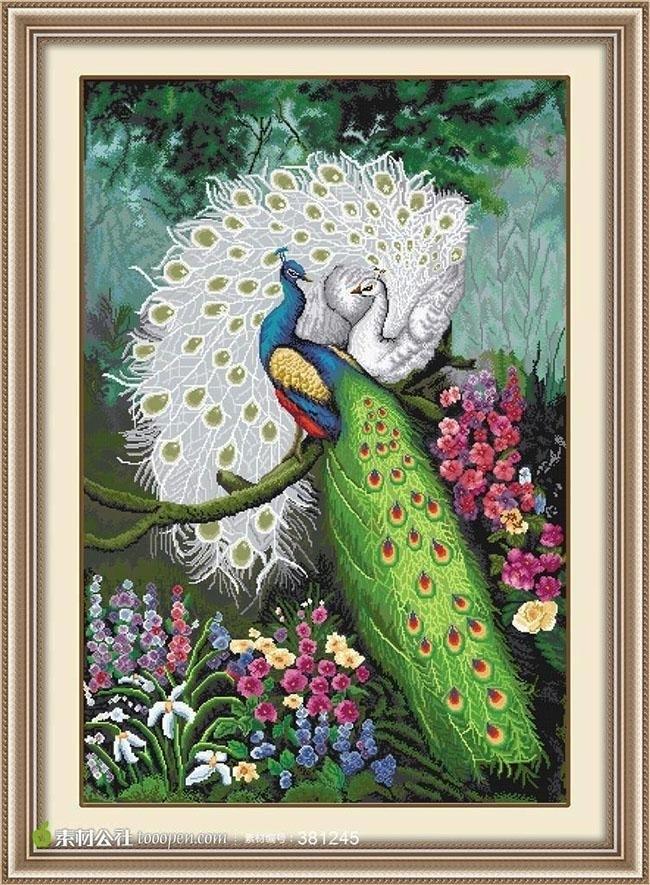 peacock-1122 *สินค้าหมด* ชุดปักครอสติช ลายคู่นกยูงรำแพน (ปักเต็มผืนผ้า ไม่มีเดินเส้น ปักครั้งละ 3 เส้นเล็ก) ขนาดใหญ่ 89*130 ซม.ผ้าครอสติช 11CTพิมพ์ลายปักเต็มลายผ้า ไหมคอตตอน 88 สี ผังลาย เข็ม