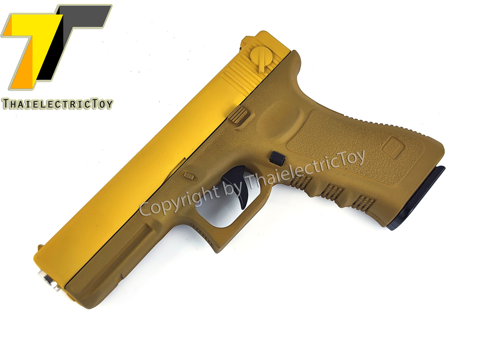 ปืนอัดลมเหล็ก Glock 17 สีทูโทน ชักยิงทีล่ะนัด ลำกล้องยาว 7 นิ้ว หนัก 668 กรัม ใช้ลูกกระสุนพลาสติก 6 มิล