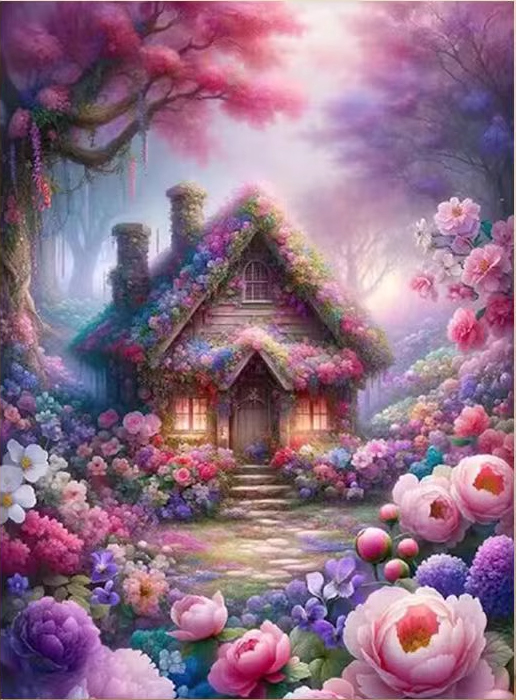 home-1041 *สินค้าหมด* ชุดปักครอสติช ลายบ้านน้อยในสวนดอกไม้ (ปักเต็มผืนผ้า ไม่มีเดินเส้น ผ้า11CTพิมพ์ลาย มีประกาย ปัก 3 เส้นเล็ก) ขนาด 50*68 ซม.ผ้าครอสติช 11CTพิมพ์ลายบนผ้า ไหมคอตตอน 40 สี ผังลาย เข็ม