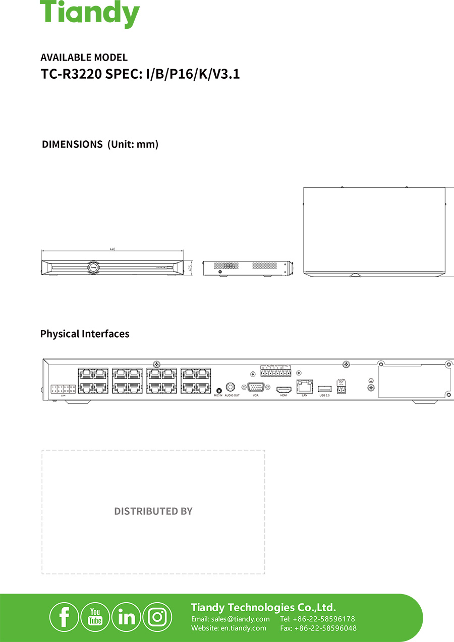 TIANDY TC-R3220 SPEC:I/B/P16/K/V3.1 NVR 20CH / 16POE H.265 2SATA BY BILLIONAIRE SECURETECH TC-R3220 SPEC:I/B/P16/K/V3.1