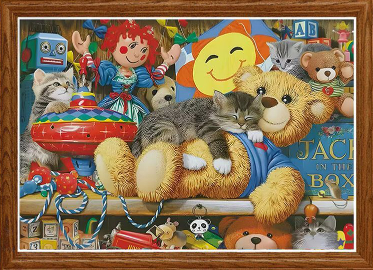 cat-1037 *สินค้าหมด* ชุดปักครอสติช ลายแมวน้อยนอนกอดตุ๊กตาหมี (ปักเต็มผืน ไม่มีเดินเส้น ปักครั้งละ 3 เส้นเล็ก) ขนาด 100*74 ซม.ผ้าครอสติช 11CTพิมพ์ลายปักบนผ้า ไหมคอตตอน 51 สี ผังลาย เข็ม