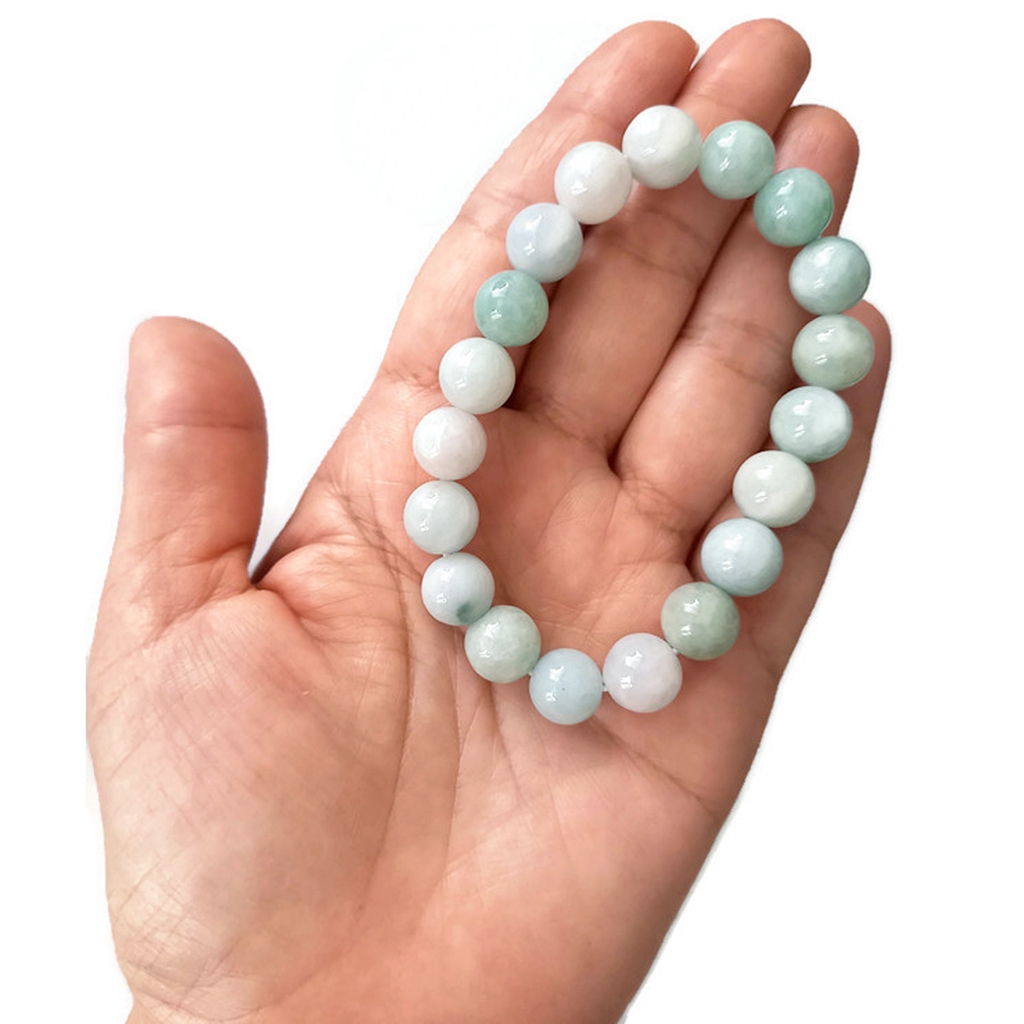 กำไลหินนำโชค หยกพม่า สีขาว+เขียวอ่อน 9-10 มิล เสริมความเจริญรุ่งเรือง ดึงดูดความมั่งคั่ง มีสุขภาพดี มีอายุยืน