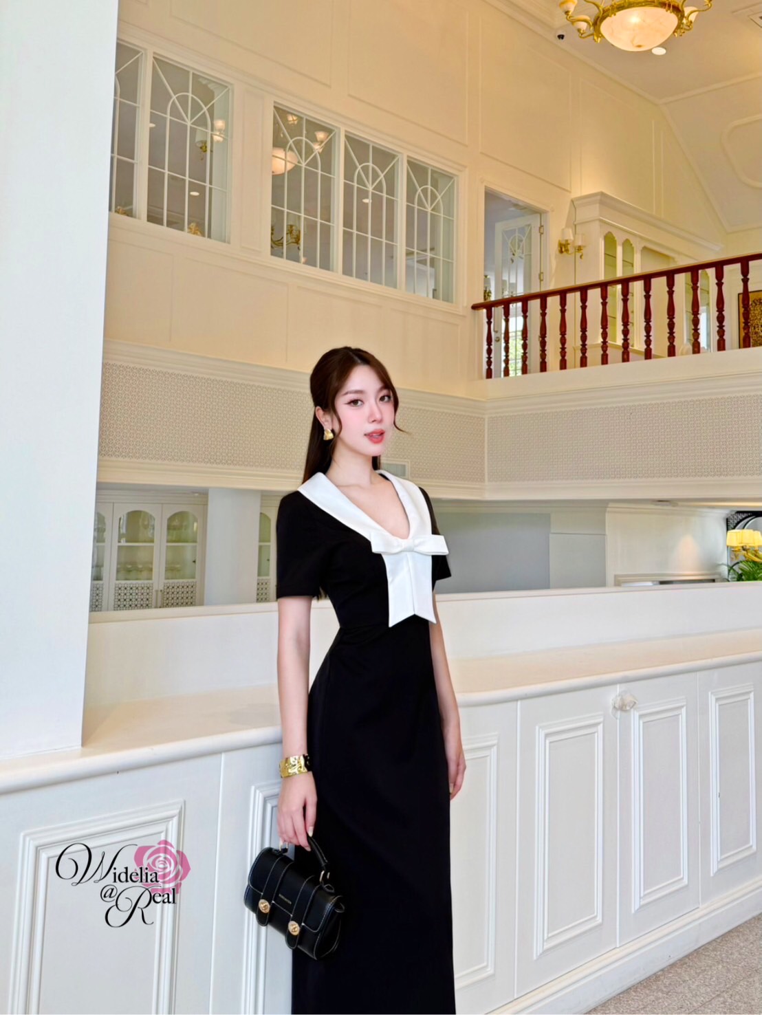 Korea Dress เดรสตัวยาว ทรงสอบ แขนสั้น อกโบว์ขาว