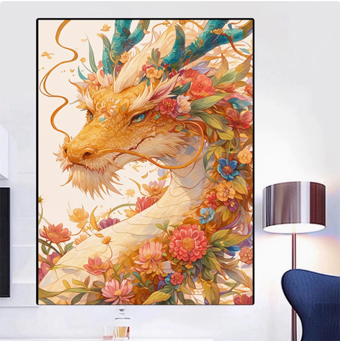 dragon-1111 *สินค้าหมด* ชุดปักครอสติช ลายมังกรดอกไม้ (ปักเต็มผืนผ้า ไม่มีเดินเส้น ผ้า9CTพิมพ์ลาย ปัก 4 เส้นเล็ก) ขนาด 60*80 ซม.ผ้าครอสติช9CTพิมพ์ลายปักบนผ้า ไหมคอตตอน 56 สี ผังลาย เข็ม