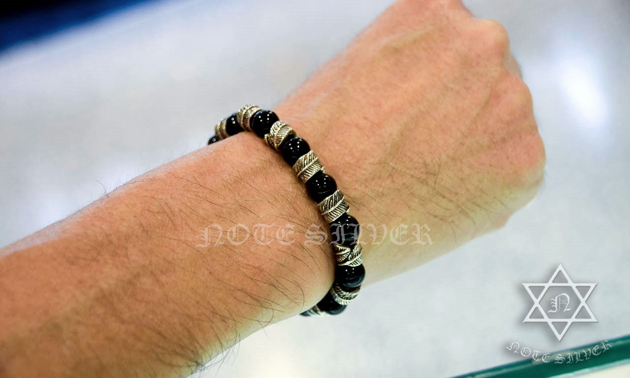 สร้อยข้อมือนิลแท้ สลับกับหมุดเงินแท้ลายขนนก Onys&Sterling Silver 925 NSSV1971