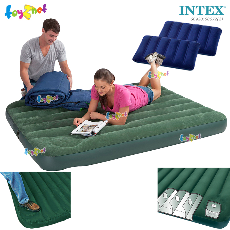 Intex Camping Airbed 4.5ft (Full) 1.37x1.91x0.22 m w/Built-in Foot Pump no.66928 + 2 Intex Pillows