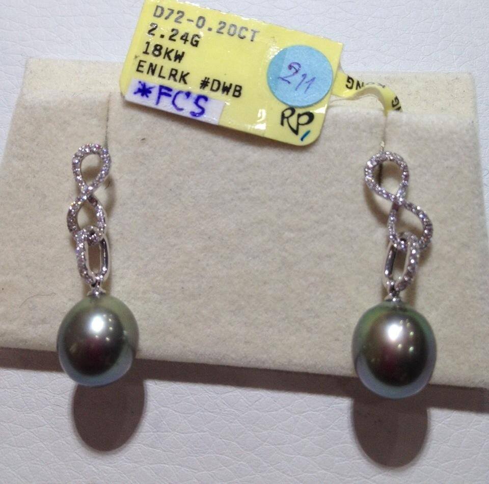 ต่างหูไข่มุก south sea 9-10มิล สีดำ ตัวเรือน 18k เพชรแท้ น้ำ 97-98 เกรด AAA