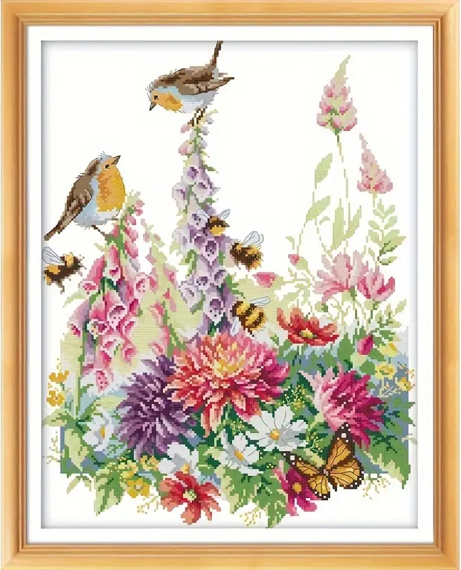 bird-1102 *สินค้าหมด* ชุดปักครอสติช ลายคู่นกน้อยกับดอกไม้ (ผ้า14CTพิมพ์ลาย ปัก 2 เส้นเล็ก) ขนาด 38*48 ซม.ผ้าครอสติช 14CTพิมพ์ลายปักบนผ้า ไหมคอตตอน 35 สี ผังลาย เข็ม